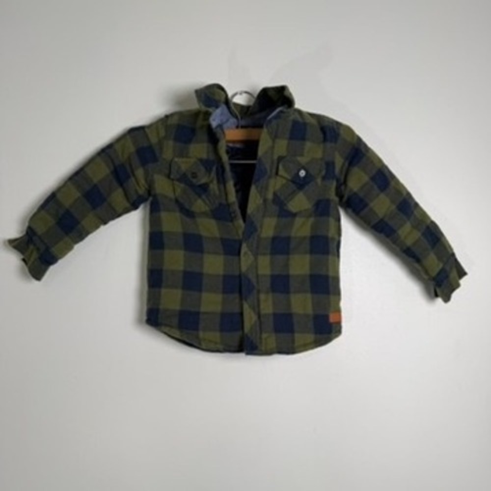 7‎ For All Mankind Plaid Shirt Jacket Kids 3T Green Navy Quilted Lined Shacket